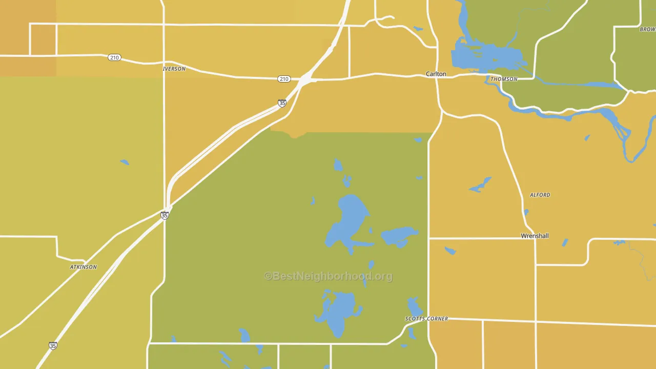 Map of the best neighborhoods in the 55718 area, with better matches in green and worse matches in red