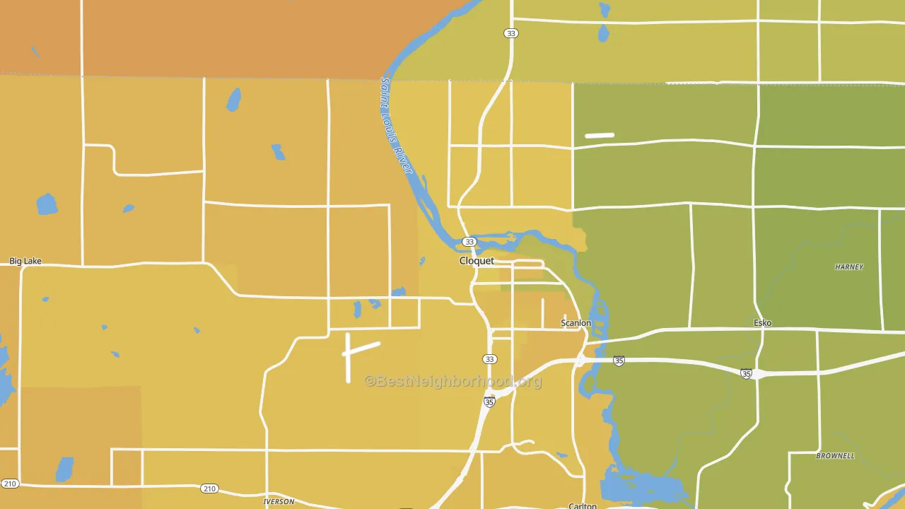 Map of the best neighborhoods in the 55720 area, with better matches in green and worse matches in red