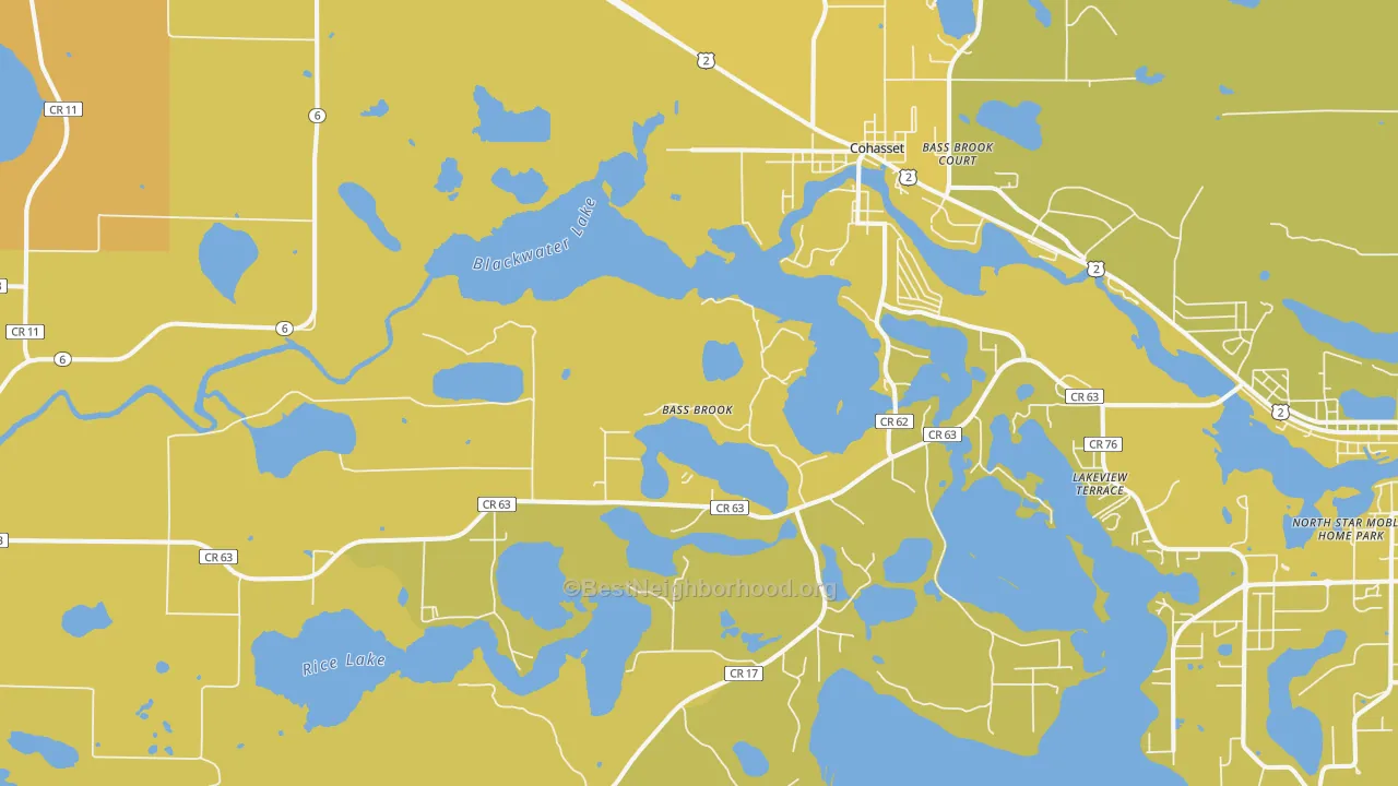 Map of the best neighborhoods in the 55721 area, with better matches in green and worse matches in red
