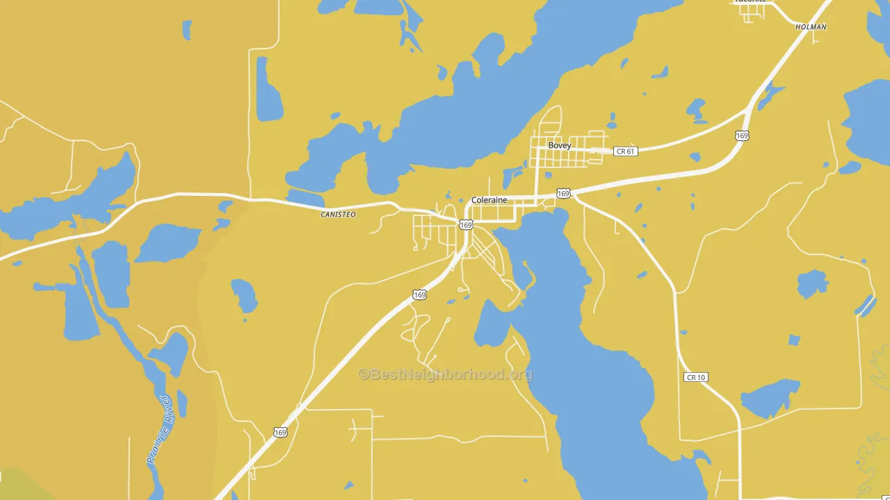Map of the best neighborhoods in the 55722 area, with better matches in green and worse matches in red