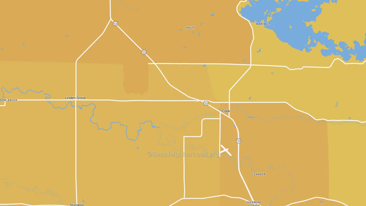 Map of the best neighborhoods in the 55723 area, with better matches in green and worse matches in red