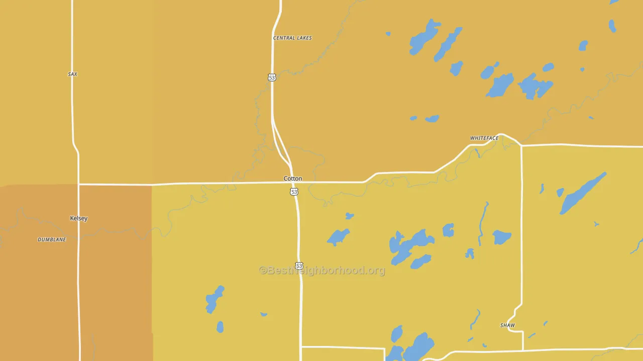 Map of the best neighborhoods in the 55724 area, with better matches in green and worse matches in red