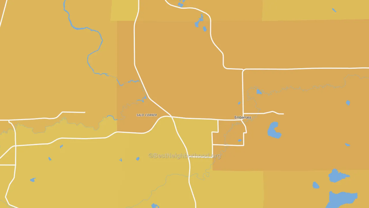 Map of the best neighborhoods in the 55732 area, with better matches in green and worse matches in red