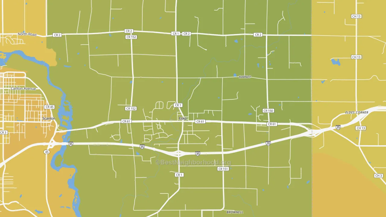 Map of the best neighborhoods in the 55733 area, with better matches in green and worse matches in red