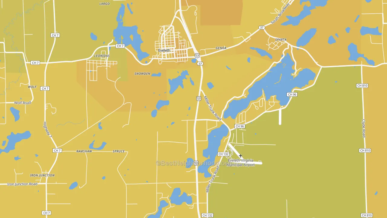 Map of the best neighborhoods in the 55734 area, with better matches in green and worse matches in red