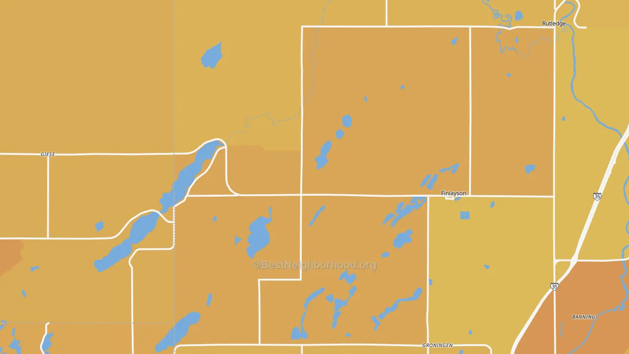 Map of the best neighborhoods in the 55735 area, with better matches in green and worse matches in red