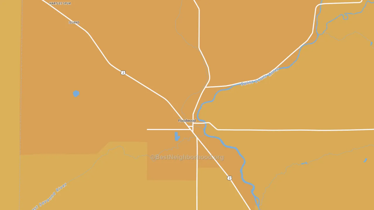 Map of the best neighborhoods in the 55736 area, with better matches in green and worse matches in red