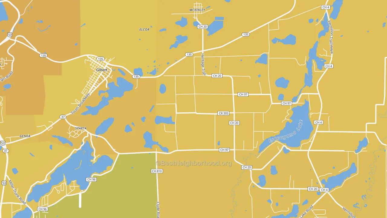 Map of the best neighborhoods in the 55741 area, with better matches in green and worse matches in red