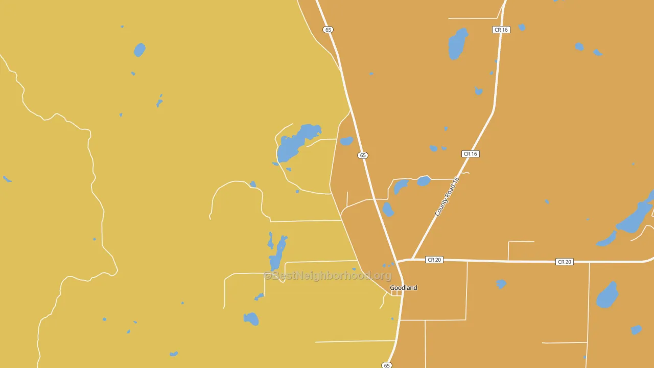 Map of the best neighborhoods in the 55742 area, with better matches in green and worse matches in red