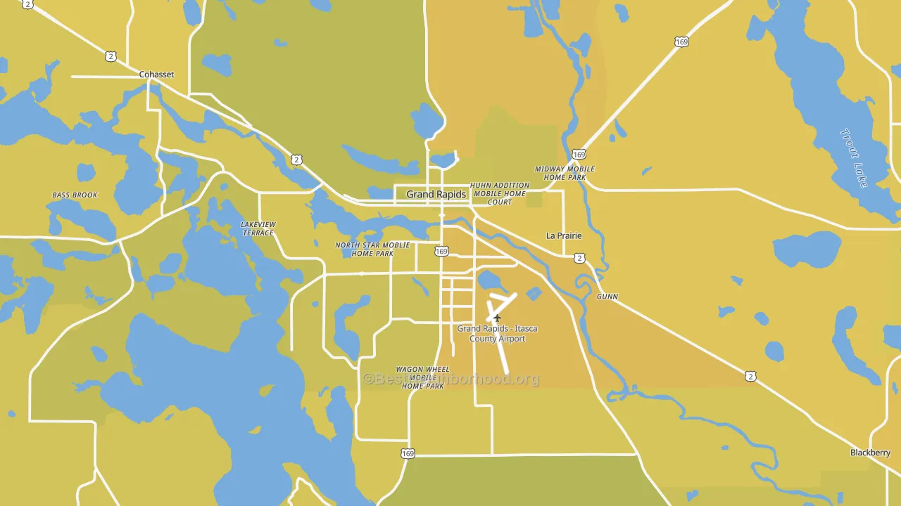 Map of the best neighborhoods in the 55744 area, with better matches in green and worse matches in red