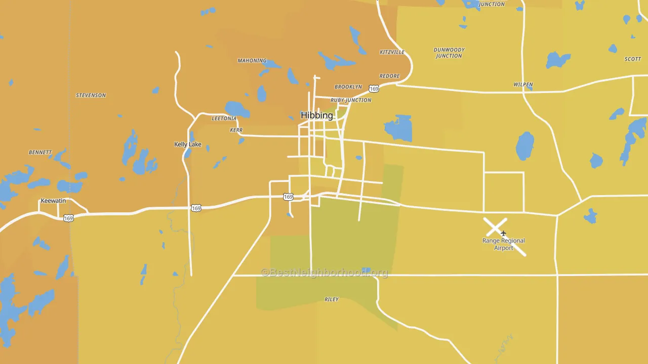 Map of the best neighborhoods in the 55746 area, with better matches in green and worse matches in red
