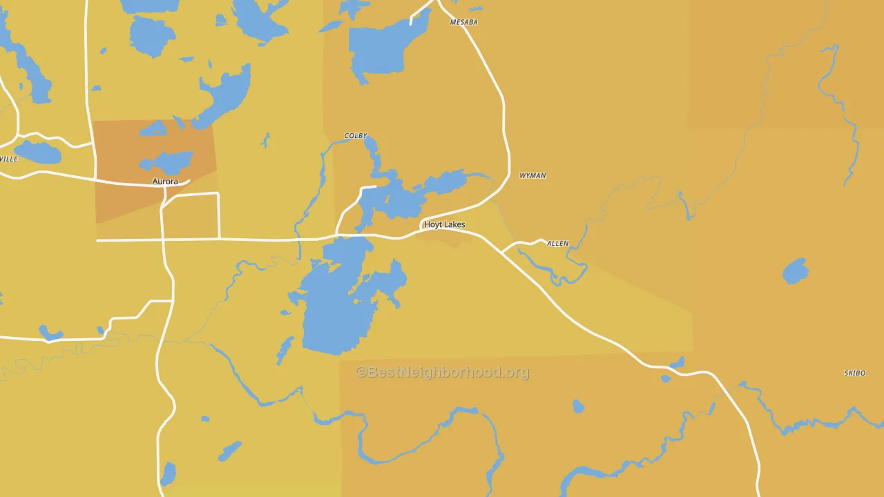 Map of the best neighborhoods in the 55750 area, with better matches in green and worse matches in red