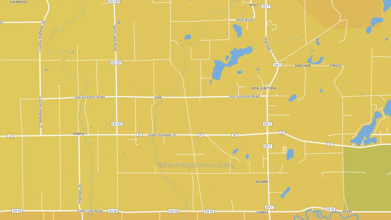 Map of the best neighborhoods in the 55751 area, with better matches in green and worse matches in red