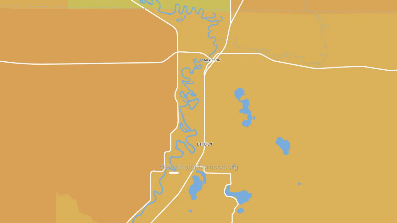 Map of the best neighborhoods in the 55752 area, with better matches in green and worse matches in red