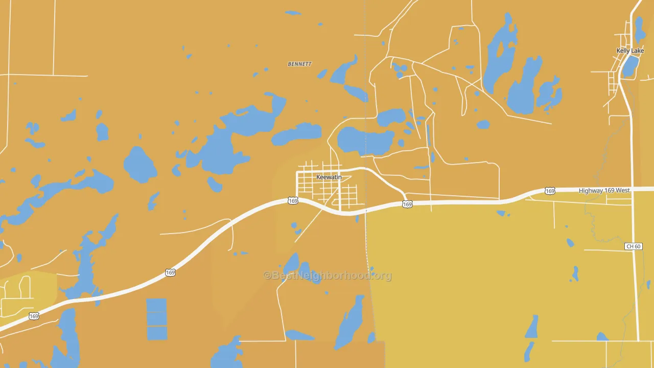 Map of the best neighborhoods in the 55753 area, with better matches in green and worse matches in red