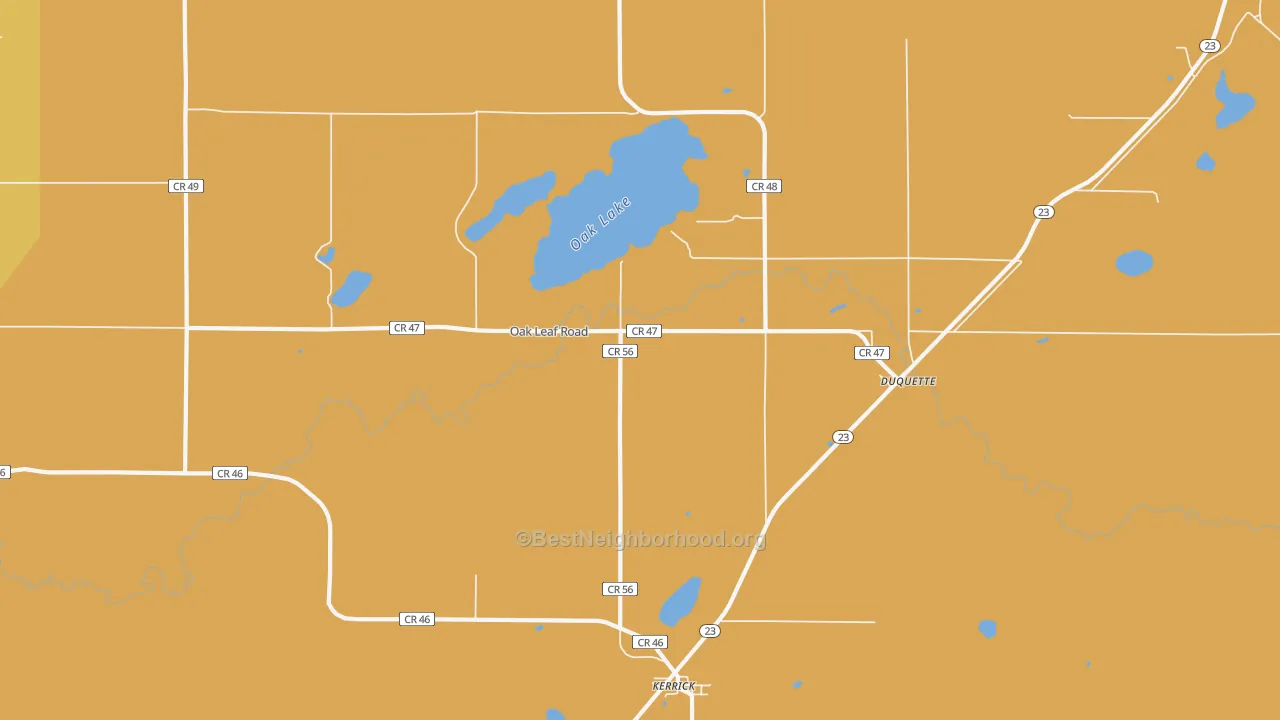 Map of the best neighborhoods in the 55756 area, with better matches in green and worse matches in red