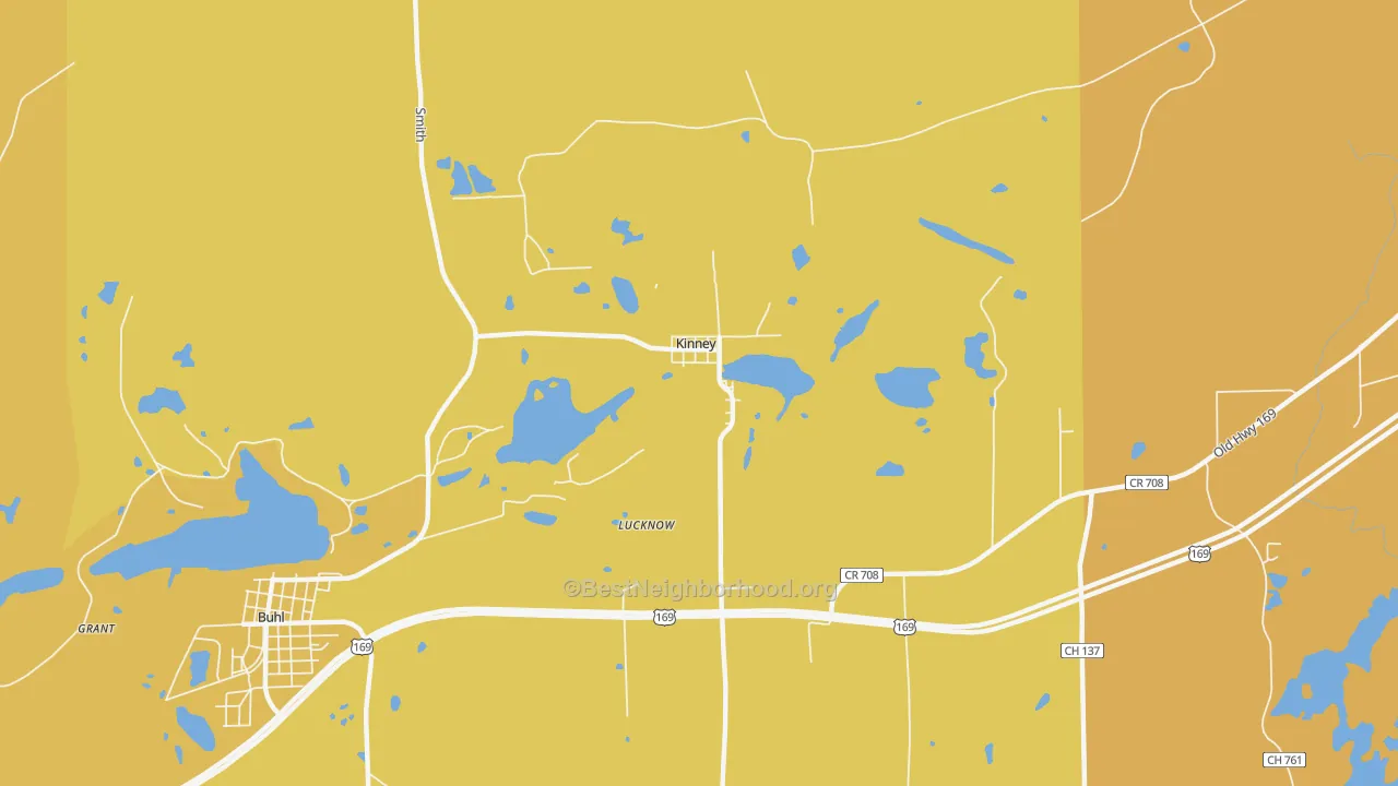 Map of the best neighborhoods in the 55758 area, with better matches in green and worse matches in red