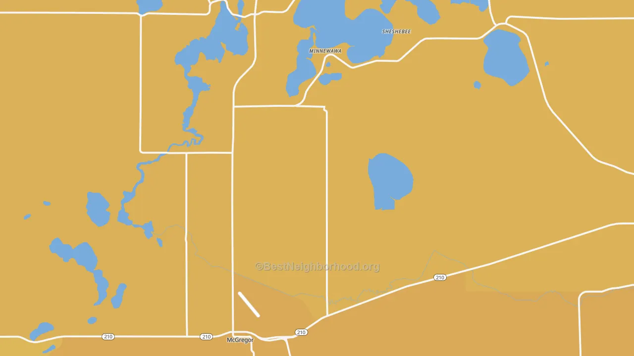 Map of the best neighborhoods in the 55760 area, with better matches in green and worse matches in red