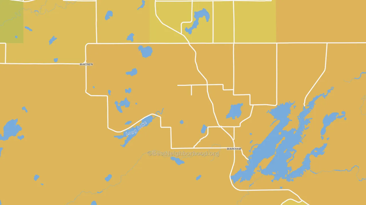 Map of the best neighborhoods in the 55763 area, with better matches in green and worse matches in red