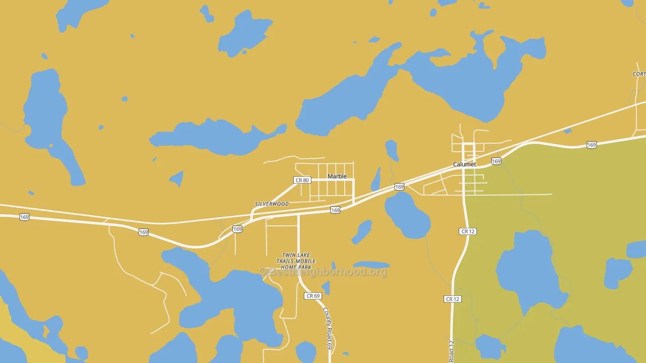 Map of the best neighborhoods in the 55764 area, with better matches in green and worse matches in red