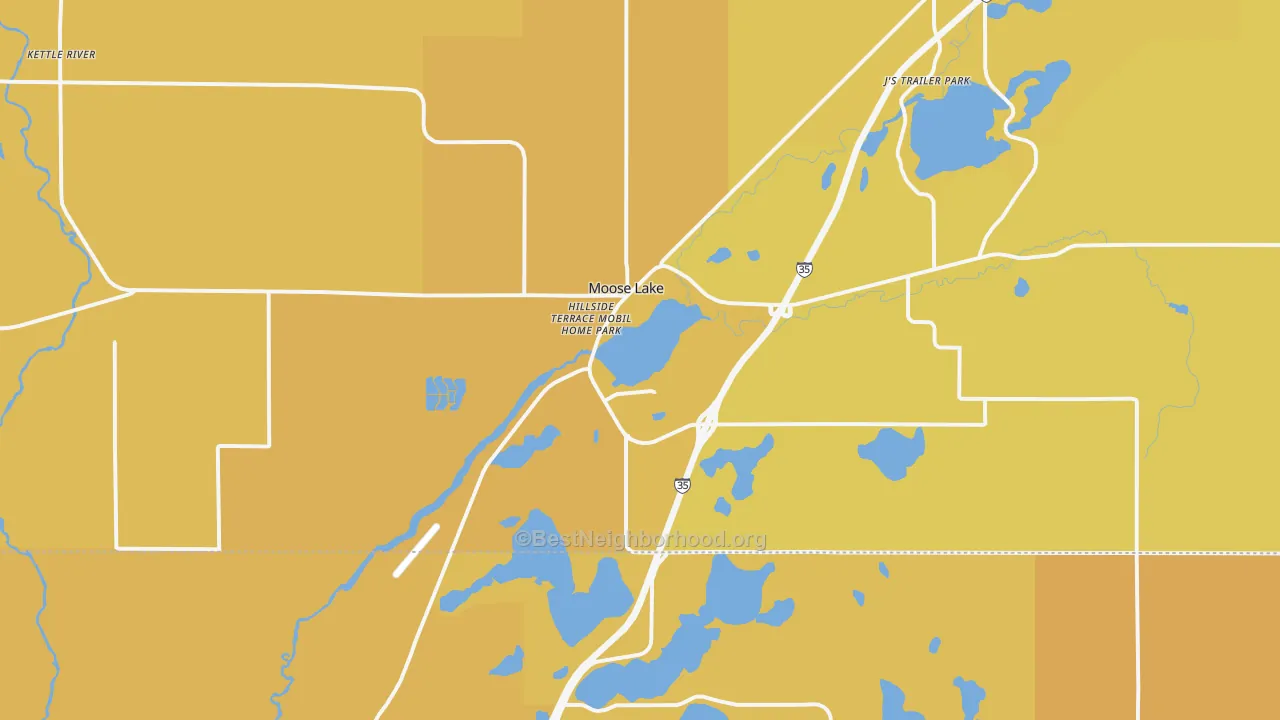 Map of the best neighborhoods in the 55767 area, with better matches in green and worse matches in red