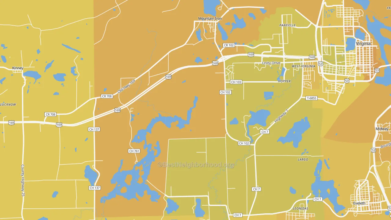 Map of the best neighborhoods in the 55768 area, with better matches in green and worse matches in red