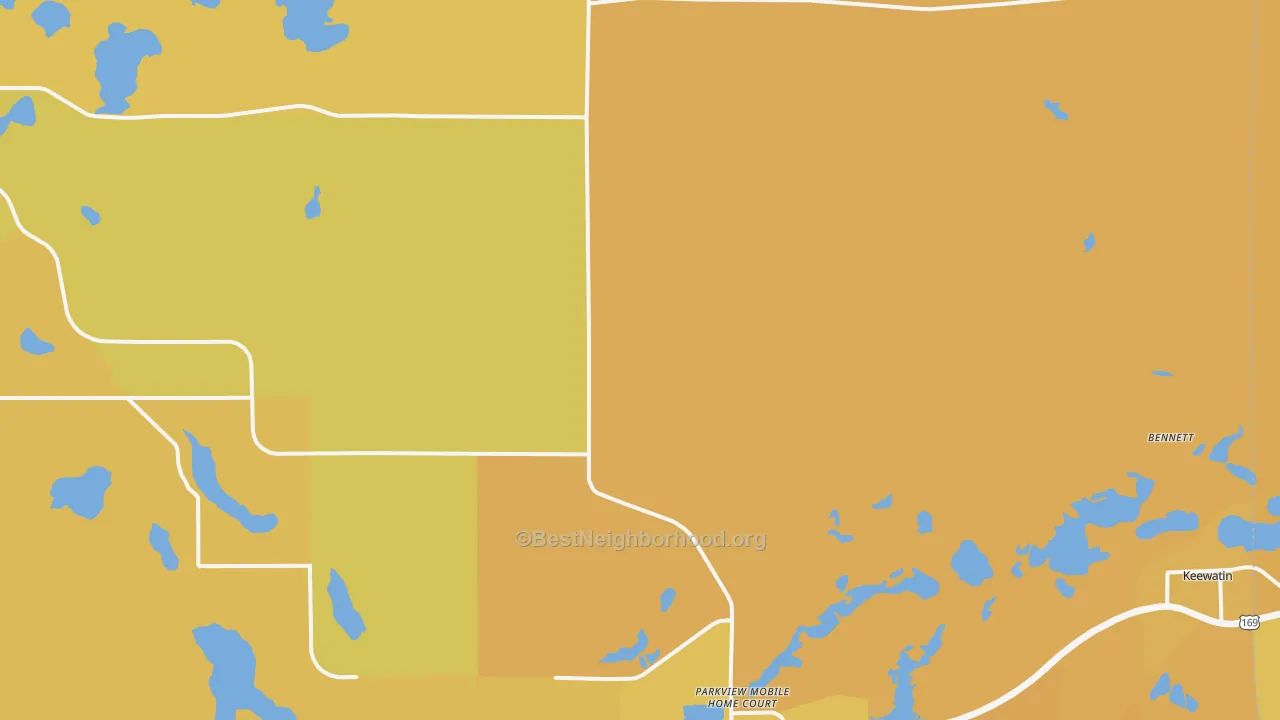 Map of the best neighborhoods in the 55769 area, with better matches in green and worse matches in red