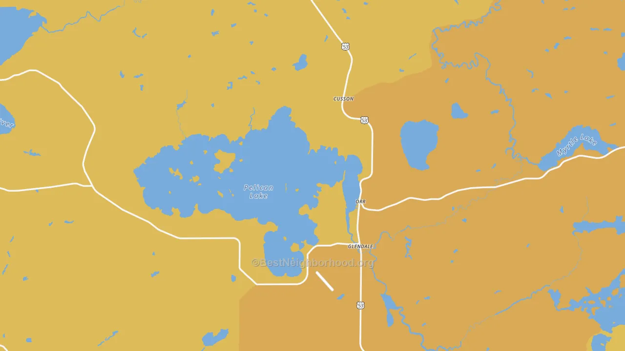 Map of the best neighborhoods in the 55771 area, with better matches in green and worse matches in red