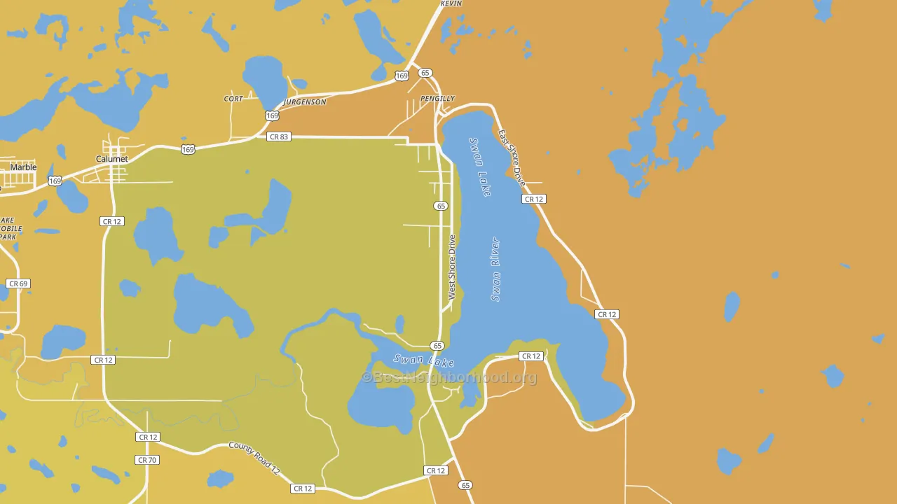 Map of the best neighborhoods in the 55775 area, with better matches in green and worse matches in red
