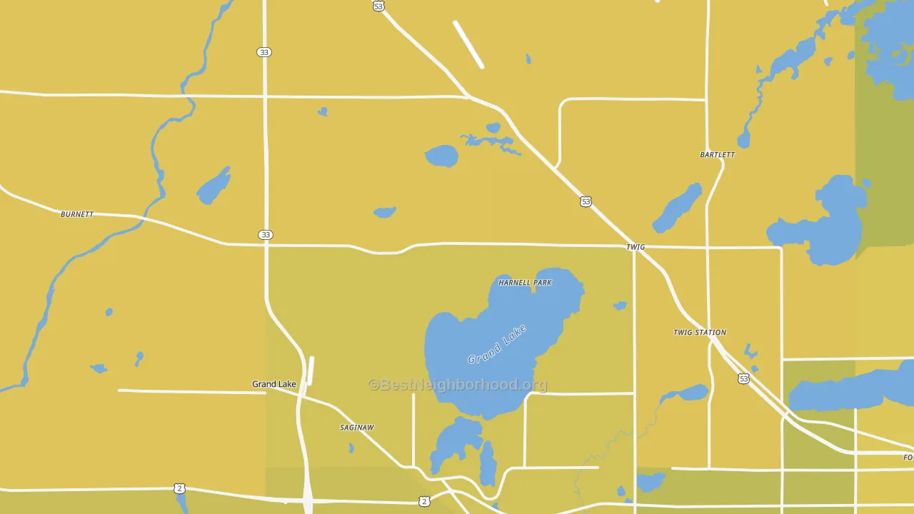 Map of the best neighborhoods in the 55779 area, with better matches in green and worse matches in red