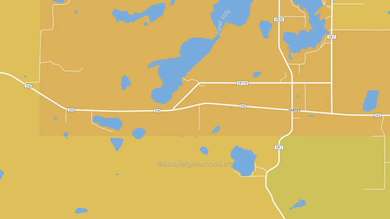 Map of the best neighborhoods in the 55780 area, with better matches in green and worse matches in red