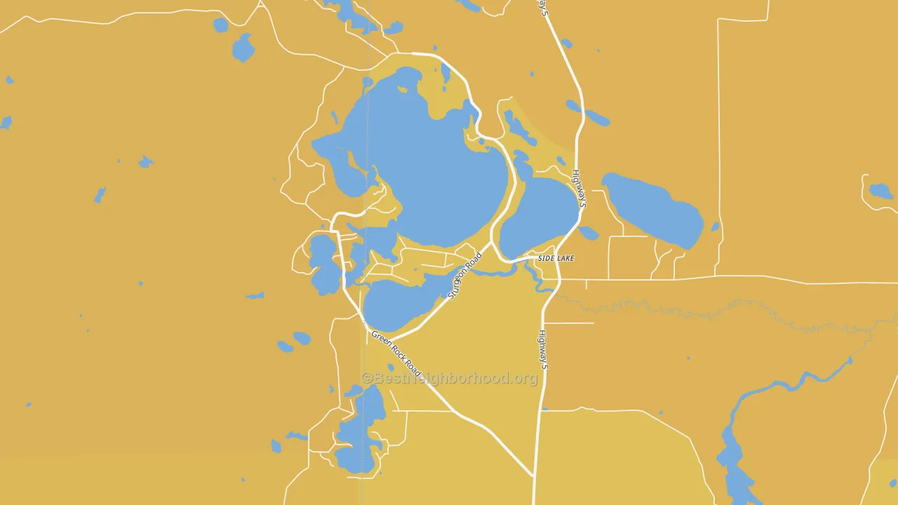 Map of the best neighborhoods in the 55781 area, with better matches in green and worse matches in red