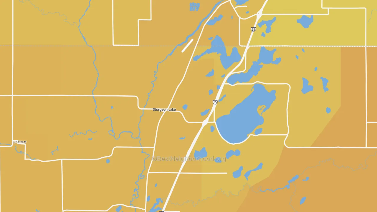 Map of the best neighborhoods in the 55783 area, with better matches in green and worse matches in red