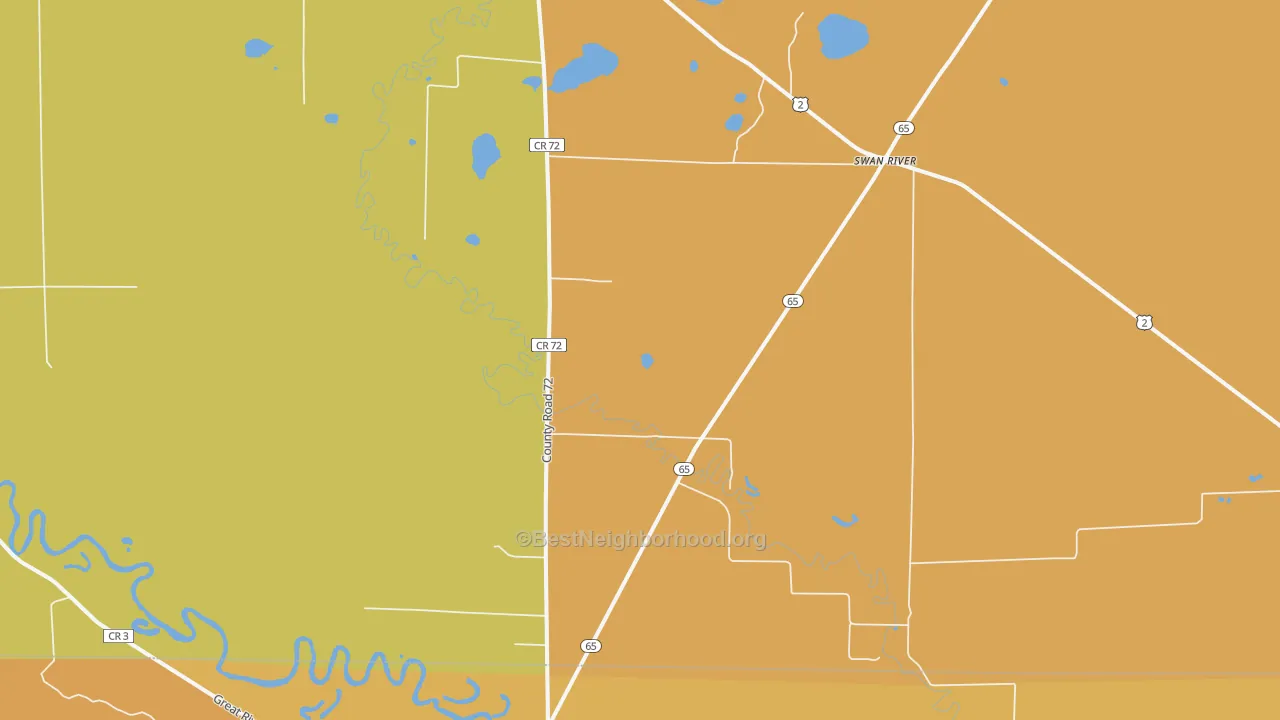 Map of the best neighborhoods in the 55784 area, with better matches in green and worse matches in red