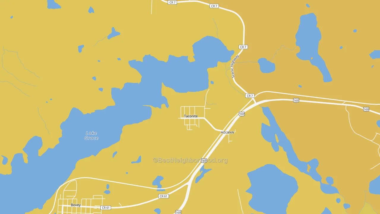 Map of the best neighborhoods in the 55786 area, with better matches in green and worse matches in red