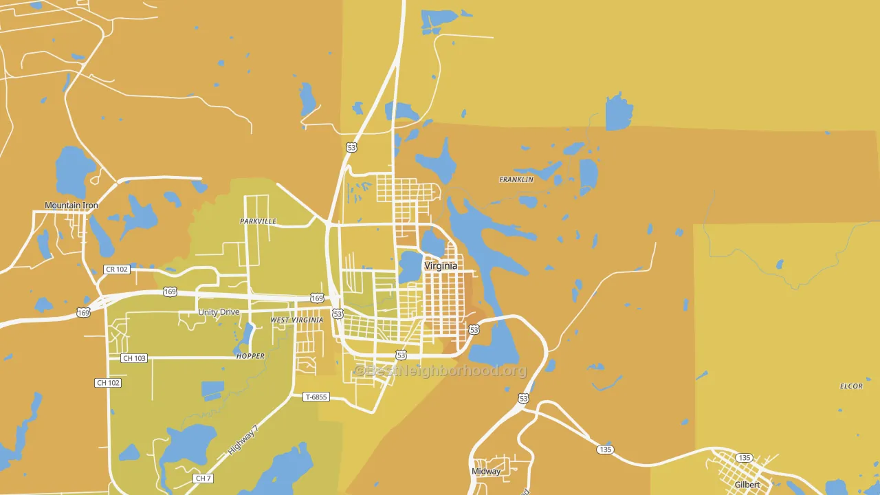 Map of the best neighborhoods in the 55792 area, with better matches in green and worse matches in red