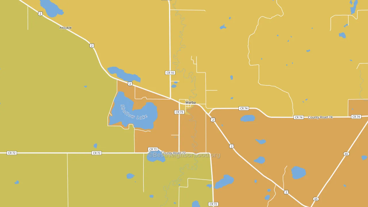 Map of the best neighborhoods in the 55793 area, with better matches in green and worse matches in red