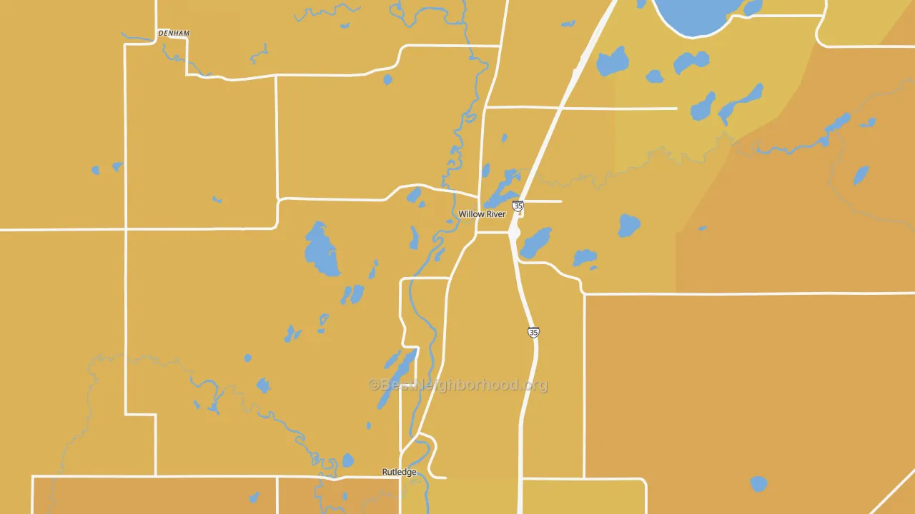 Map of the best neighborhoods in the 55795 area, with better matches in green and worse matches in red