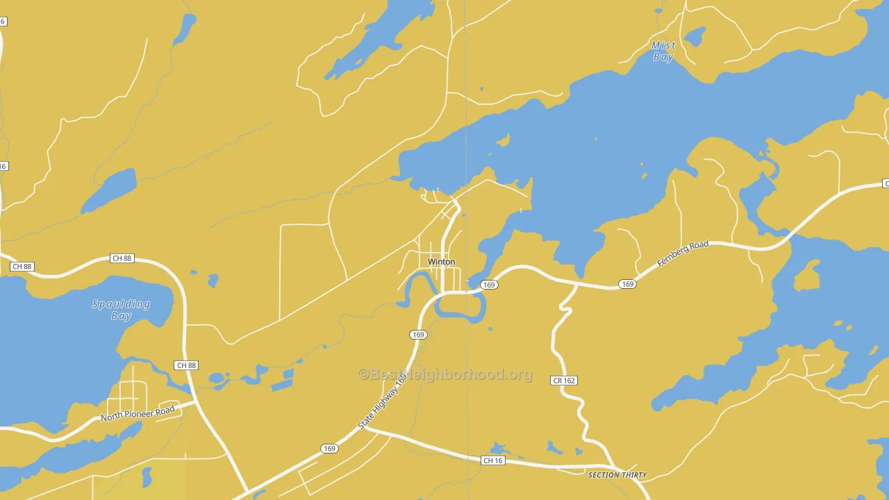 Map of the best neighborhoods in the 55796 area, with better matches in green and worse matches in red