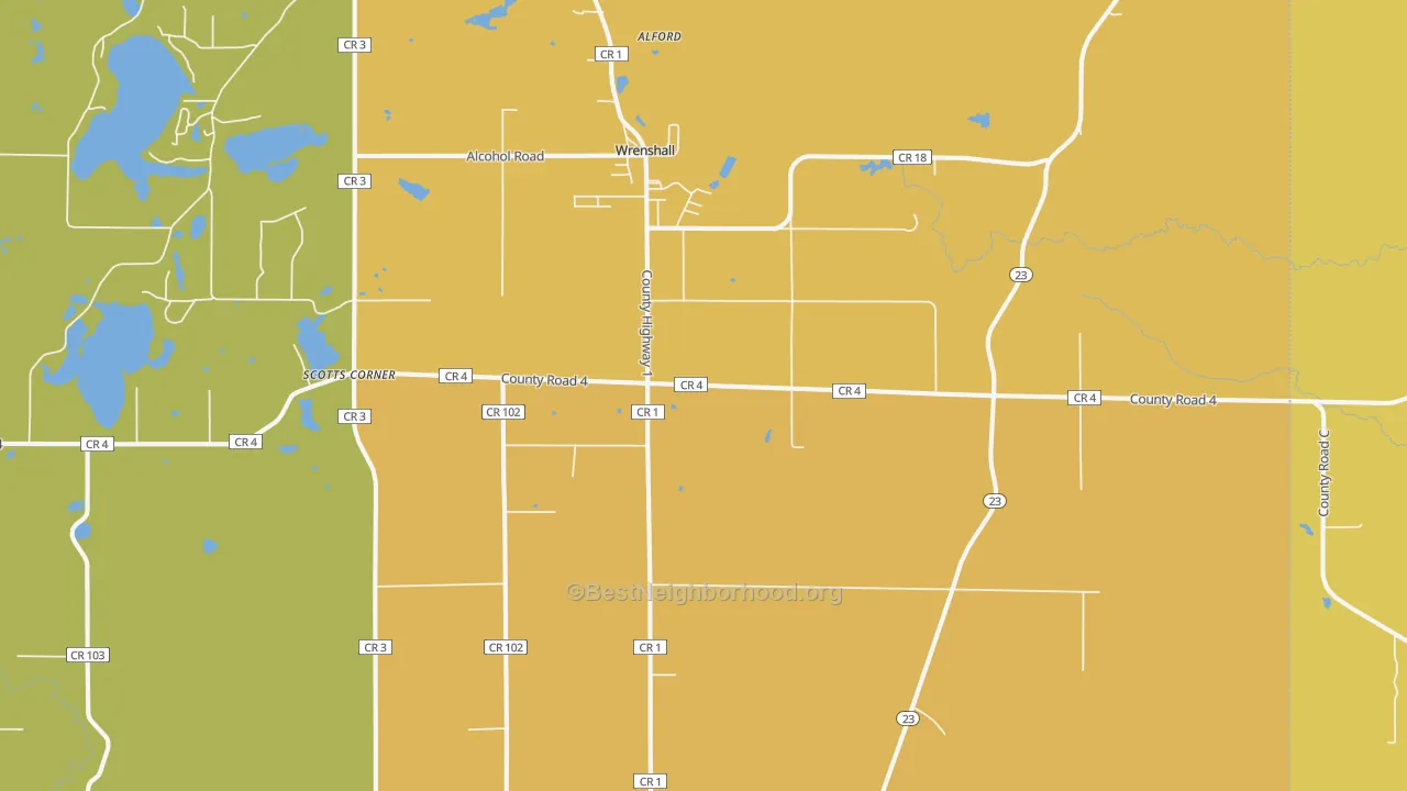 Map of the best neighborhoods in the 55797 area, with better matches in green and worse matches in red
