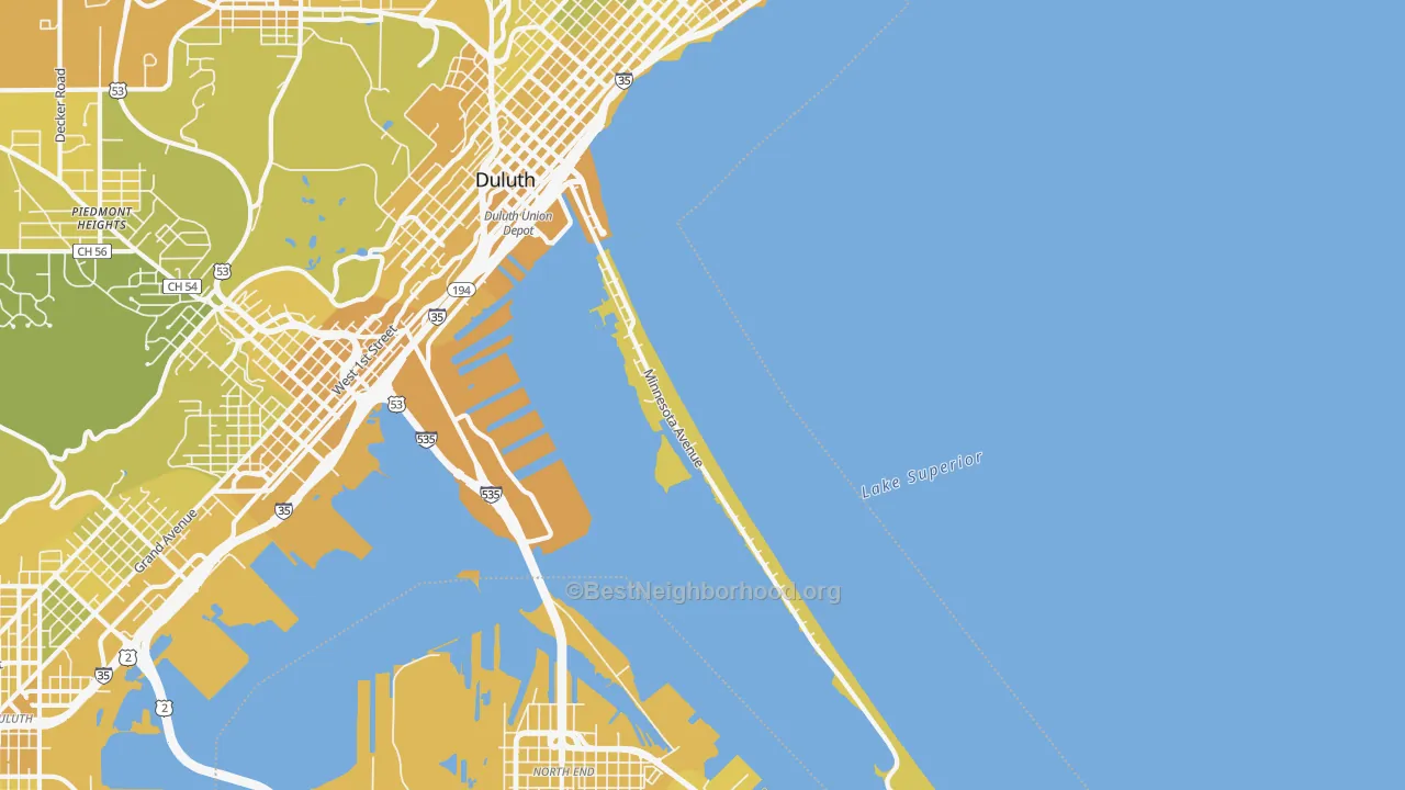 Map of the best neighborhoods in the 55802 area, with better matches in green and worse matches in red