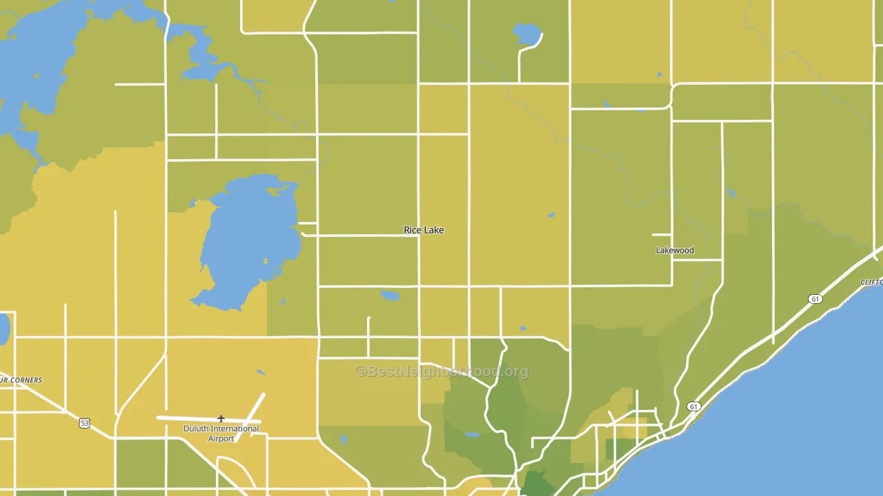 Map of the best neighborhoods in the 55803 area, with better matches in green and worse matches in red