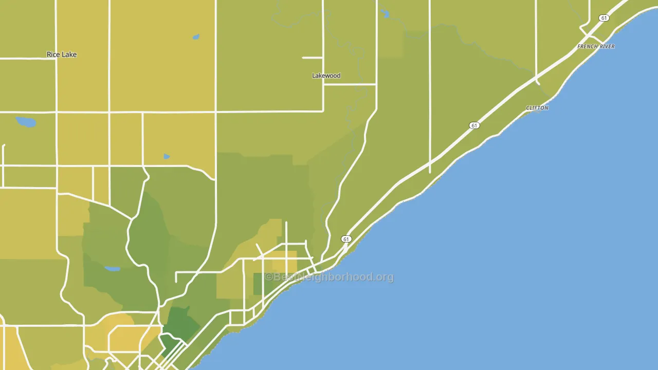 Map of the best neighborhoods in the 55804 area, with better matches in green and worse matches in red