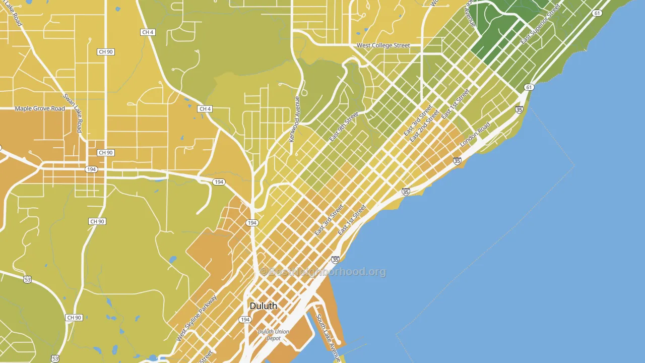 Map of the best neighborhoods in the 55805 area, with better matches in green and worse matches in red