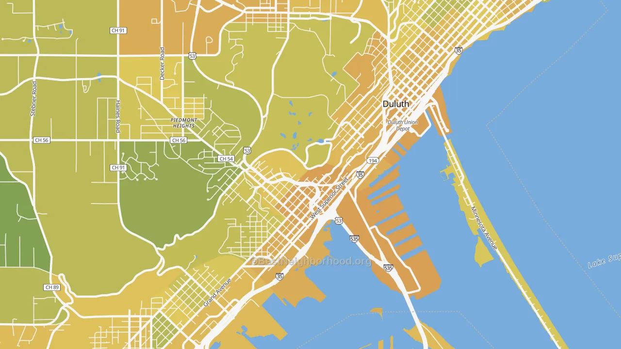 Map of the best neighborhoods in the 55806 area, with better matches in green and worse matches in red
