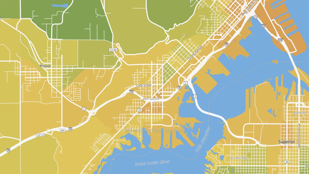 Map of the best neighborhoods in the 55807 area, with better matches in green and worse matches in red