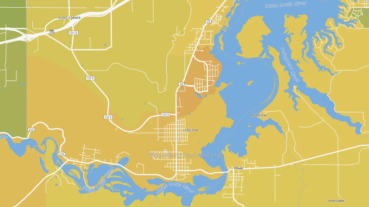 Map of the best neighborhoods in the 55808 area, with better matches in green and worse matches in red