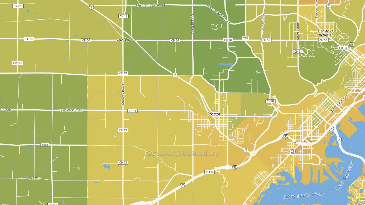 Map of the best neighborhoods in the 55810 area, with better matches in green and worse matches in red