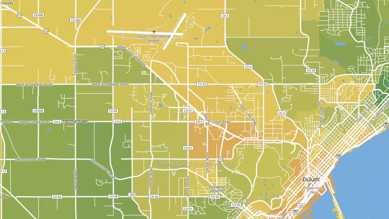 Map of the best neighborhoods in the 55811 area, with better matches in green and worse matches in red