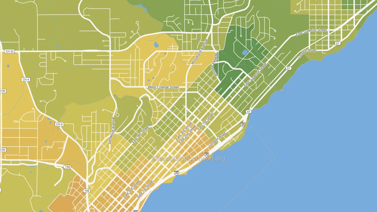Map of the best neighborhoods in the 55812 area, with better matches in green and worse matches in red